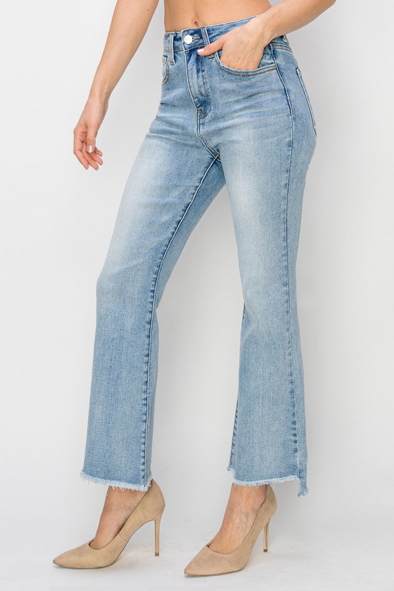 HIGH RISE CROP FLARE SIDE STEP HEM JEANS