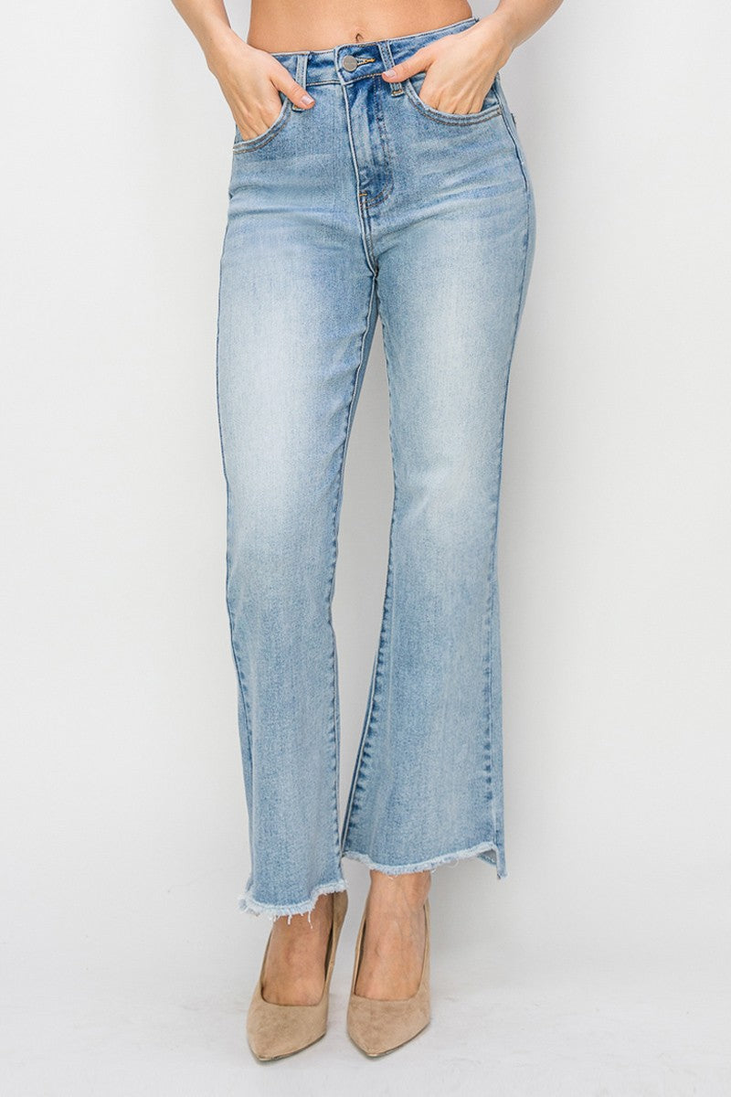 HIGH RISE CROP FLARE SIDE STEP HEM JEANS