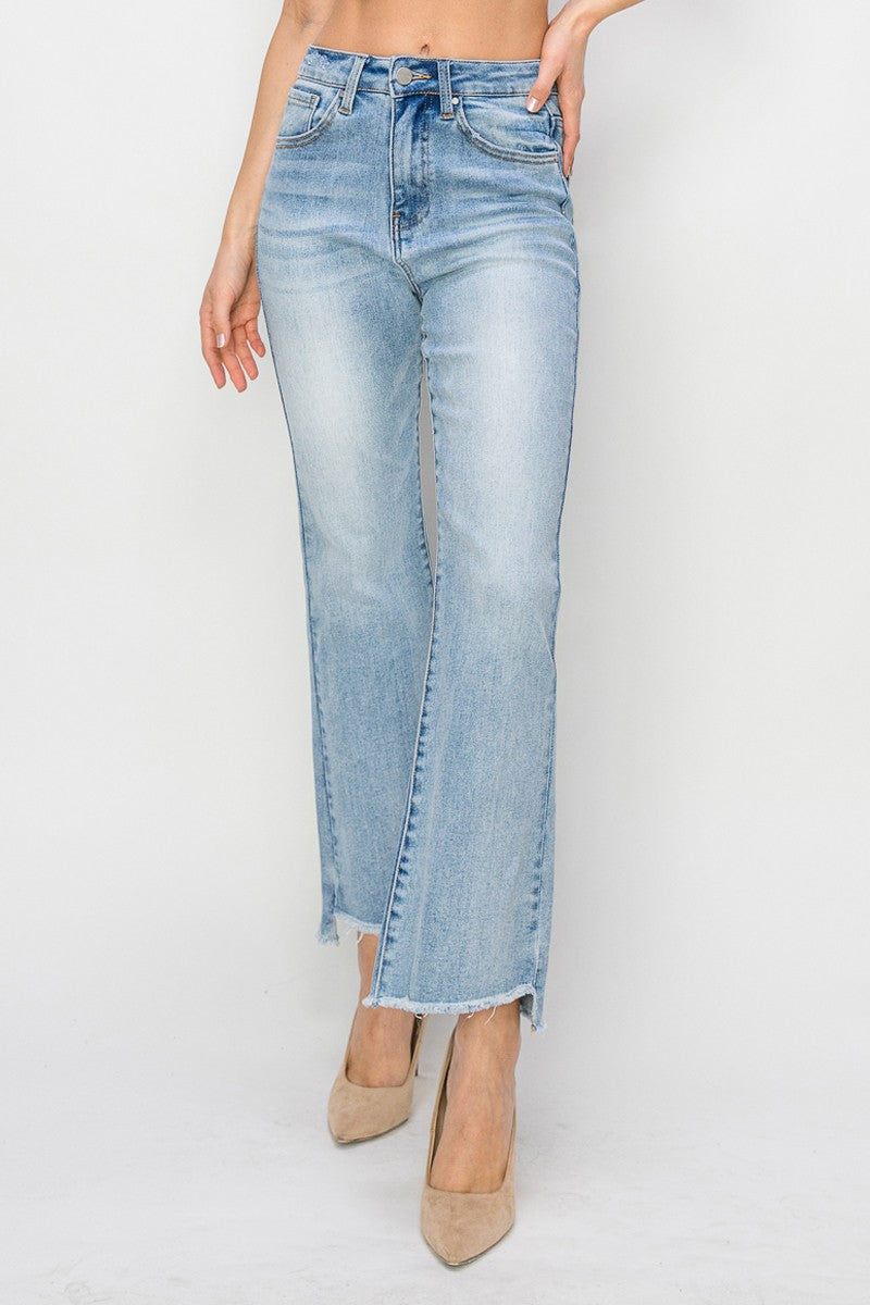 HIGH RISE CROP FLARE SIDE STEP HEM JEANS