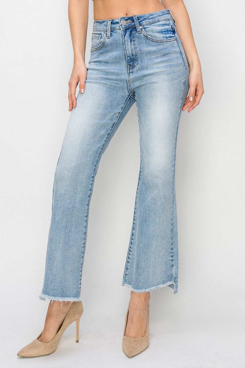 HIGH RISE CROP FLARE SIDE STEP HEM JEANS