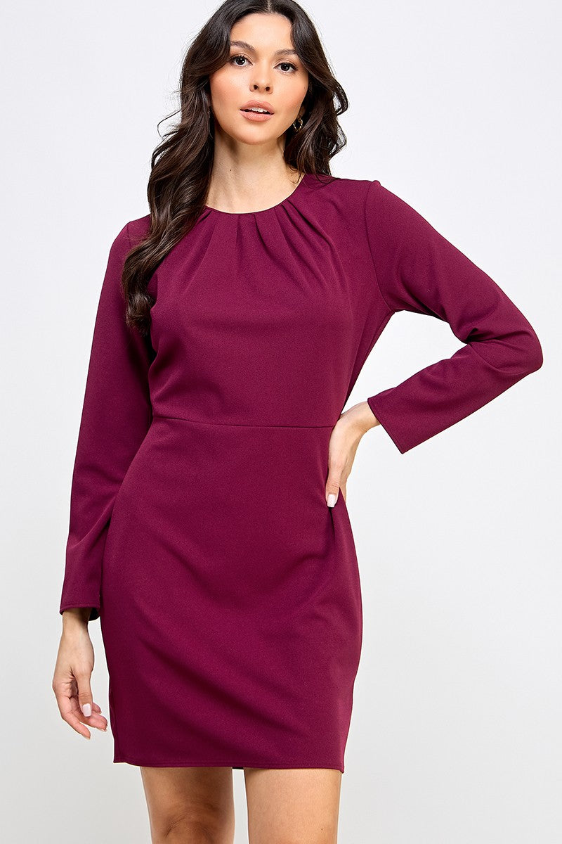 Solid pleated dress Long sleeve Dress