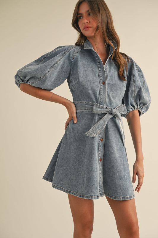 DENIM BOW PUFF SLEEVE FIT AND FLARE MINI DRESS