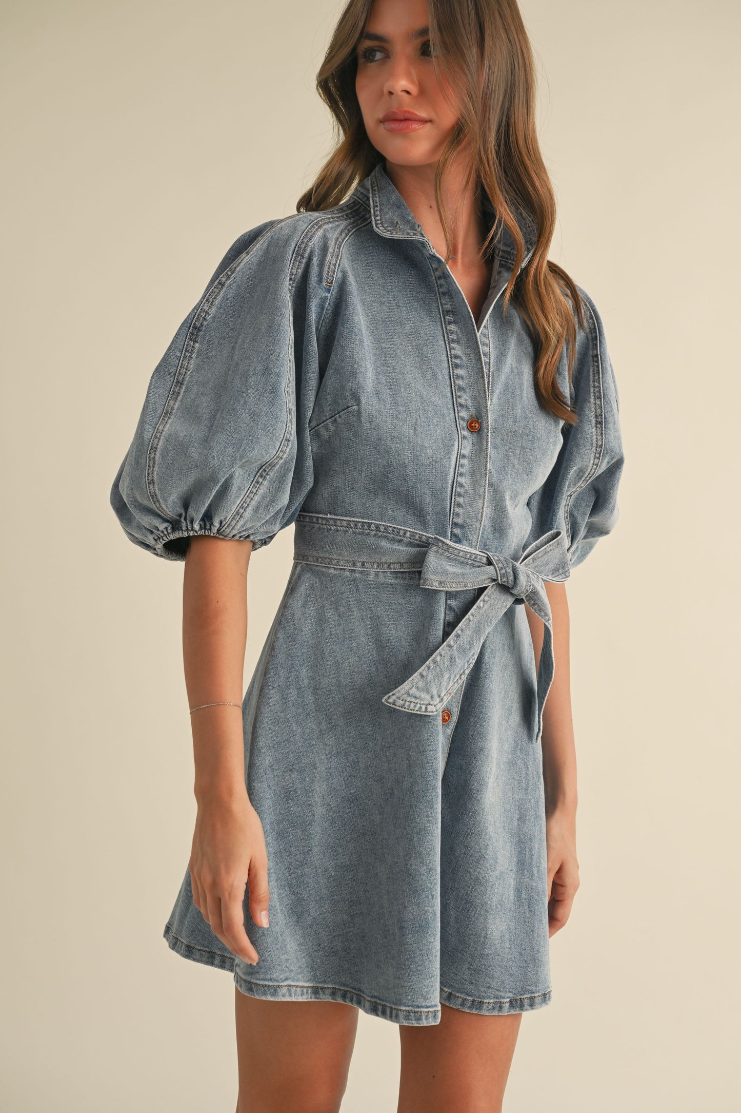 DENIM BOW PUFF SLEEVE FIT AND FLARE MINI DRESS