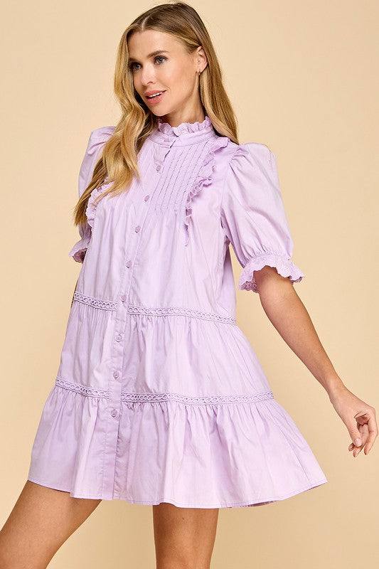 Button Up Pin Tuck Detail Puff Sleeve Dress