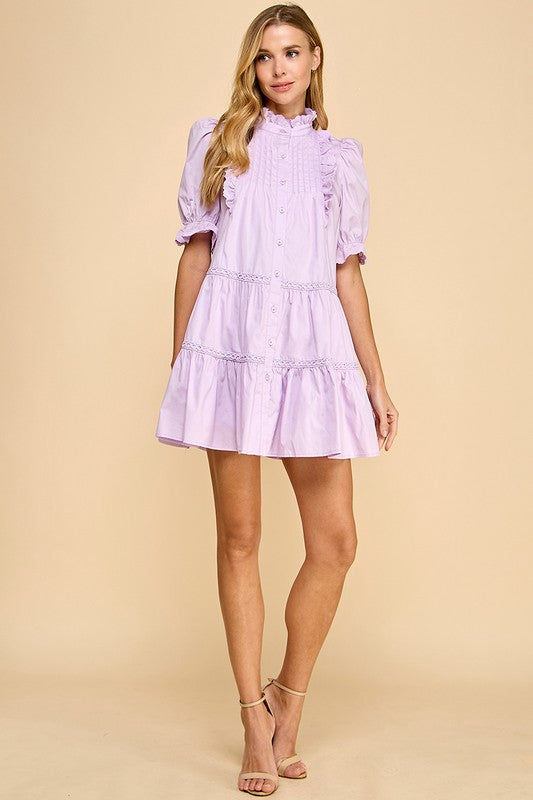 Button Up Pin Tuck Detail Puff Sleeve Dress