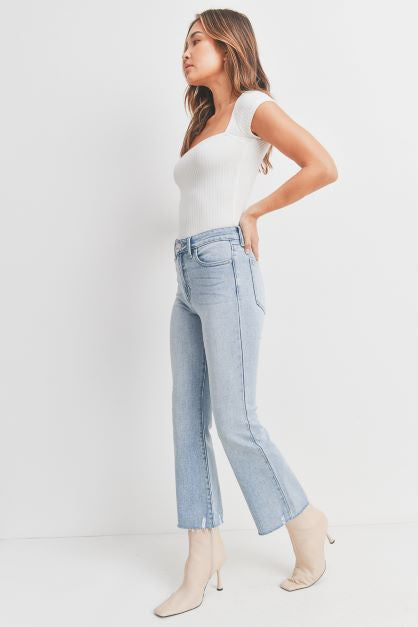 JBD High-rise Crop Flare Jean with Distressed Hem