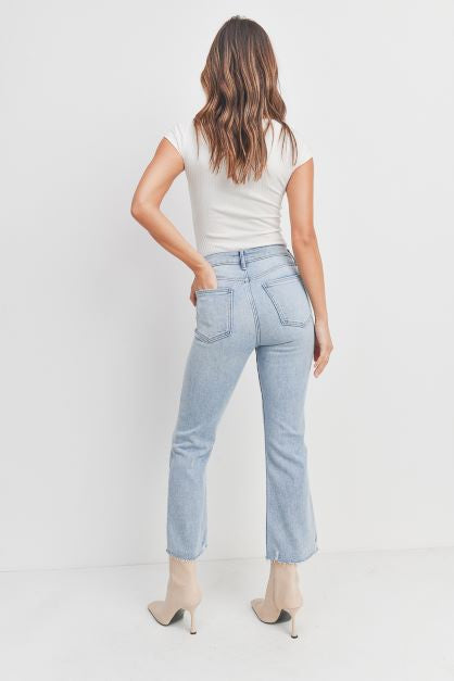 JBD High-rise Crop Flare Jean with Distressed Hem