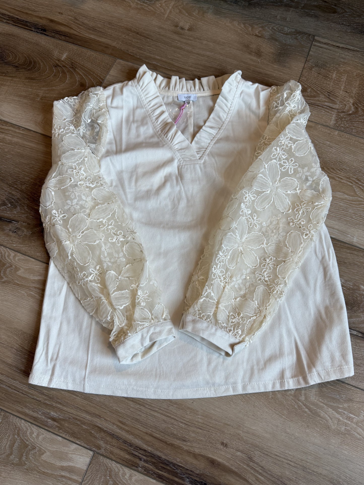 Sheere Floral Long Sleeve with Mixed Corduroy Top