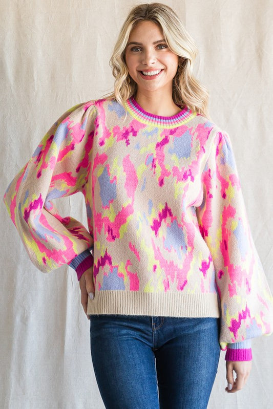 Abstract Print Knit Balloon Sleeve Pullover