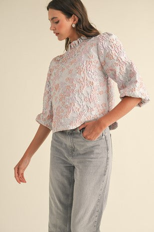 METALLIC FLORAL JACQUARD BUBBLE SLEEVE TOP