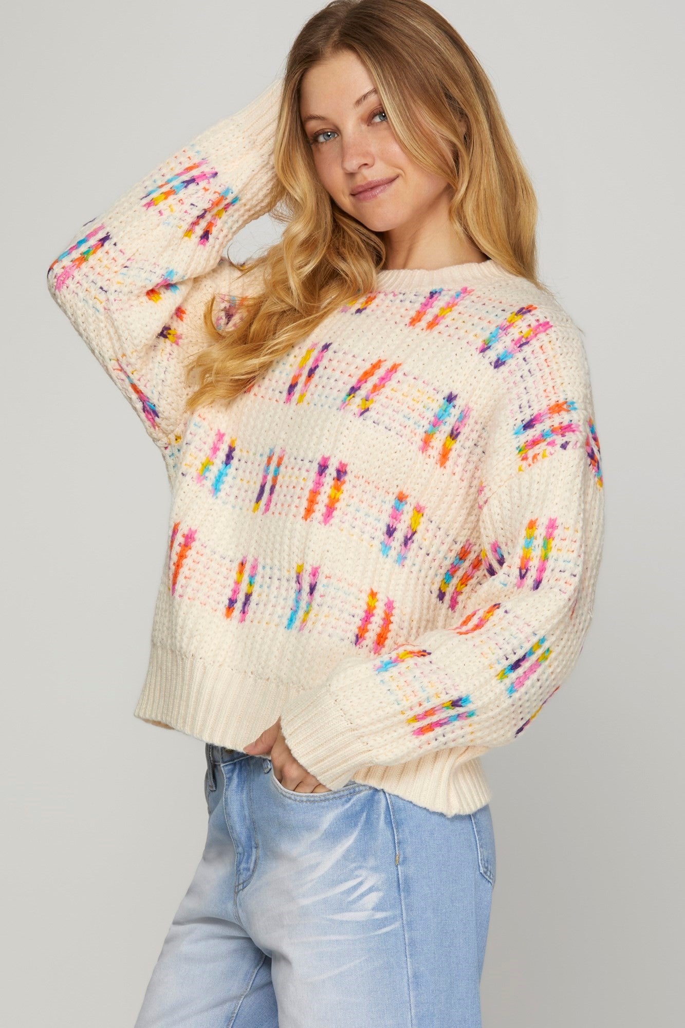 LONG SLEEVE CREW NECK MULTI COLOR PATTERN SWEATER