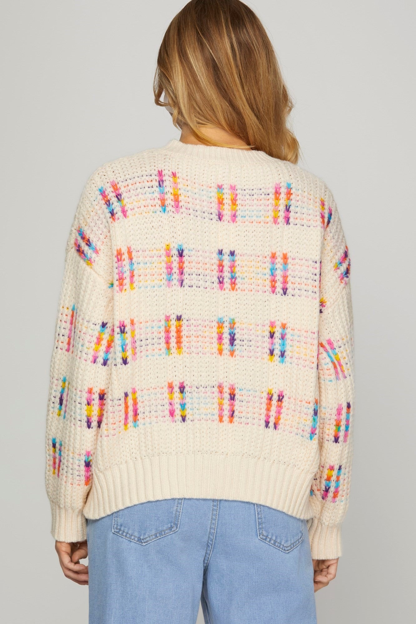 LONG SLEEVE CREW NECK MULTI COLOR PATTERN SWEATER