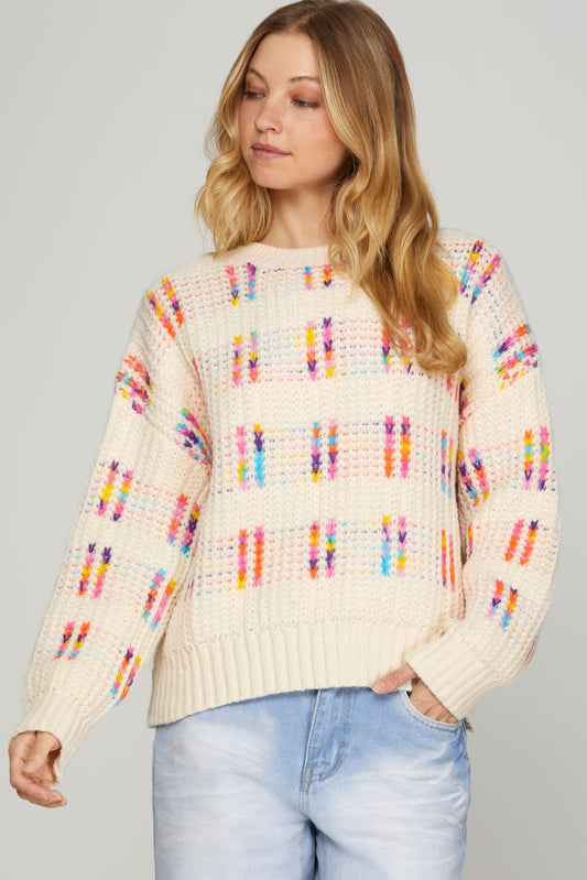 LONG SLEEVE CREW NECK MULTI COLOR PATTERN SWEATER