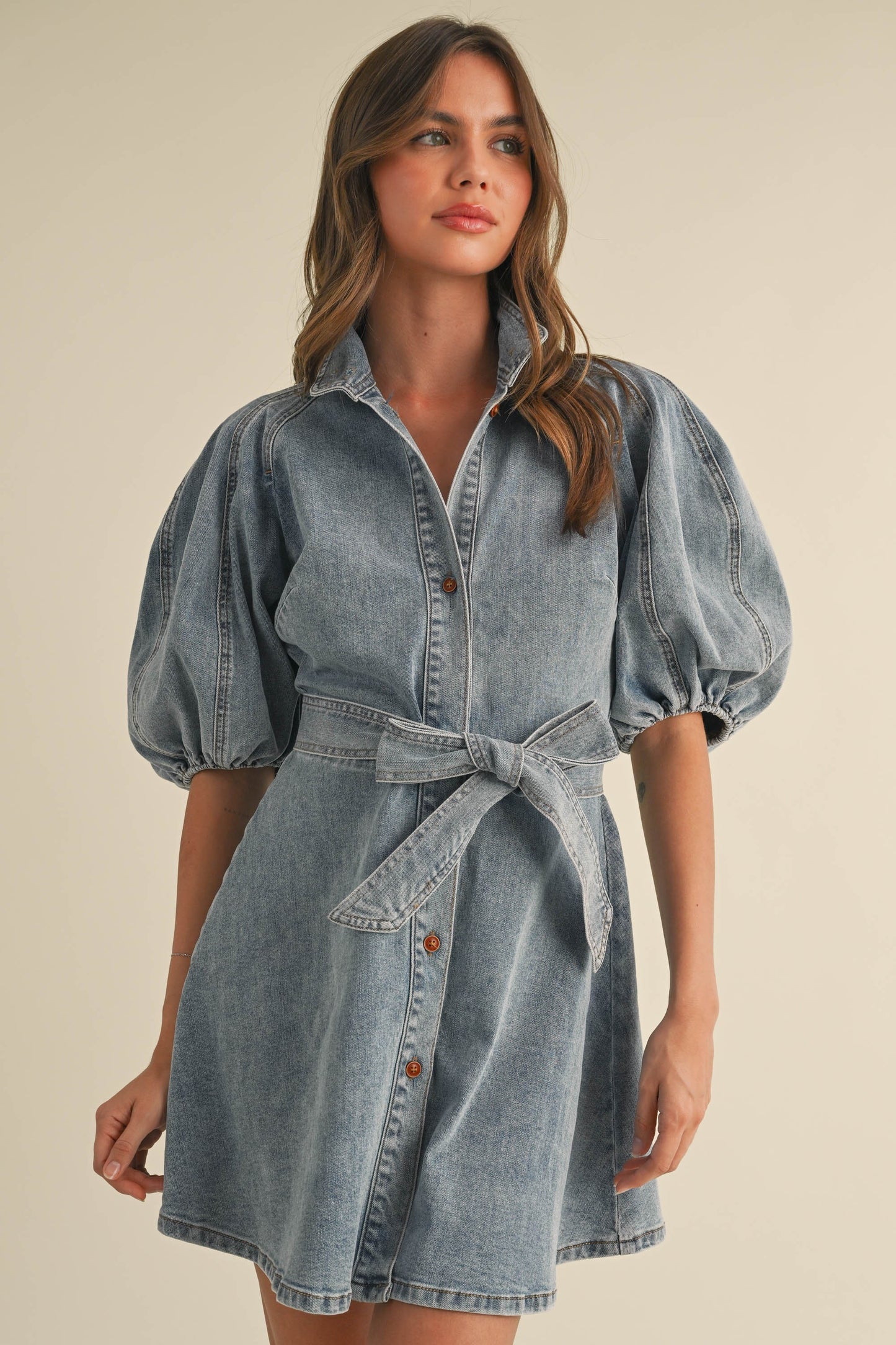 DENIM BOW PUFF SLEEVE FIT AND FLARE MINI DRESS