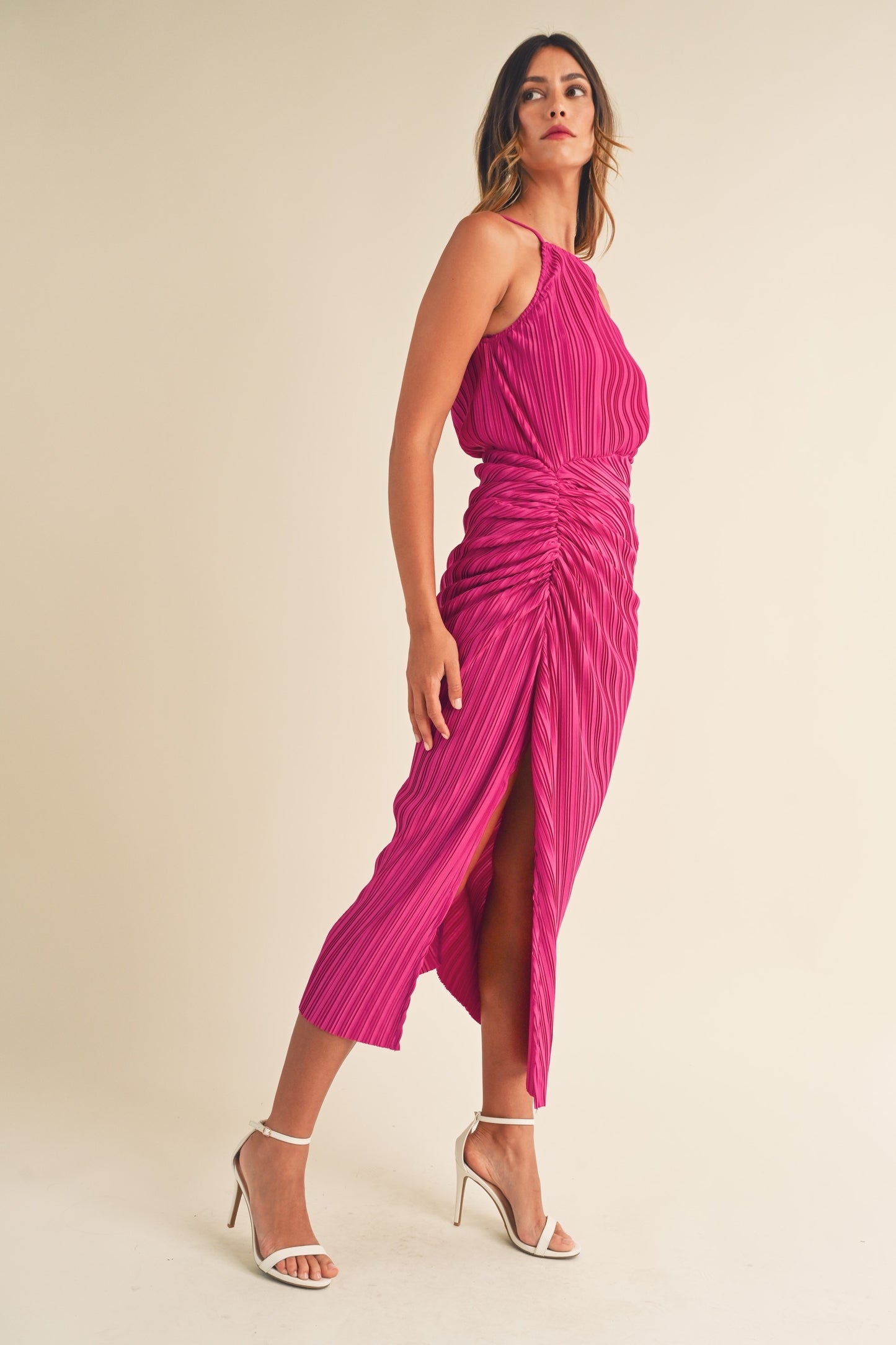 Ruched Pleated Midi Dress with Slit Detail