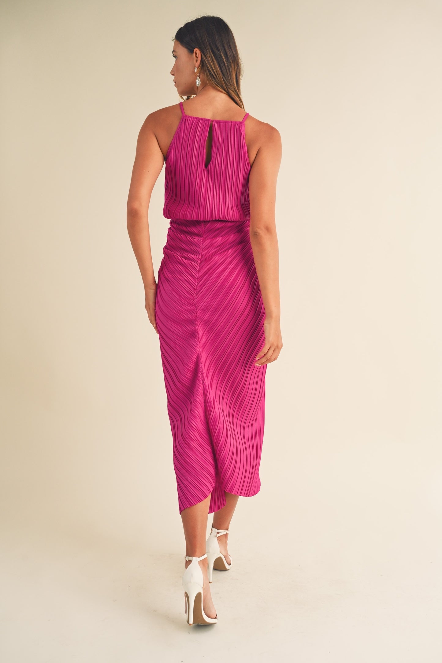 Ruched Pleated Midi Dress with Slit Detail