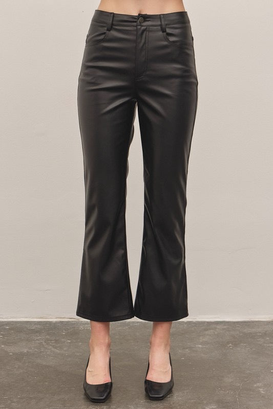 Stretchy Leather Flare Crop Pants