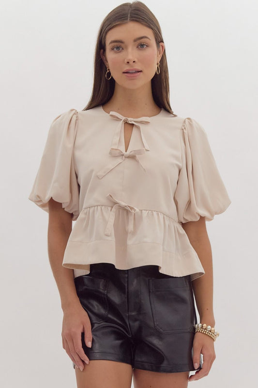 Short Sleeve Peplum top with bow detail