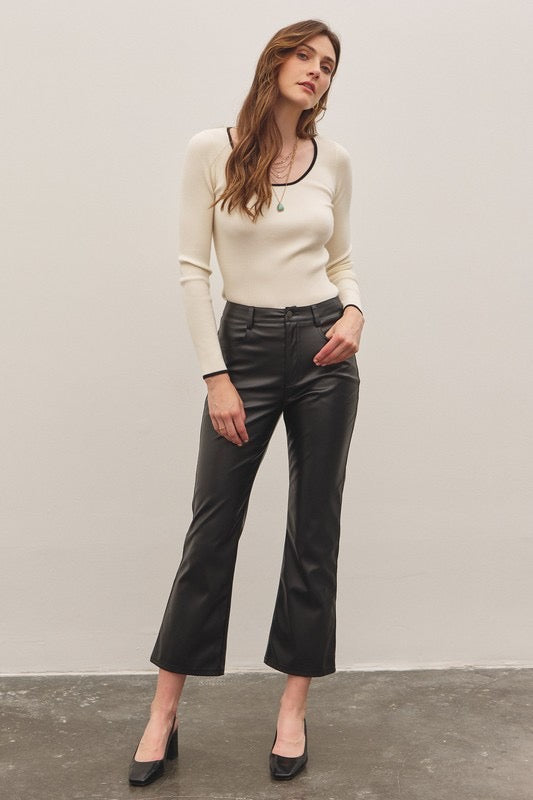 Stretchy Leather Flare Crop Pants