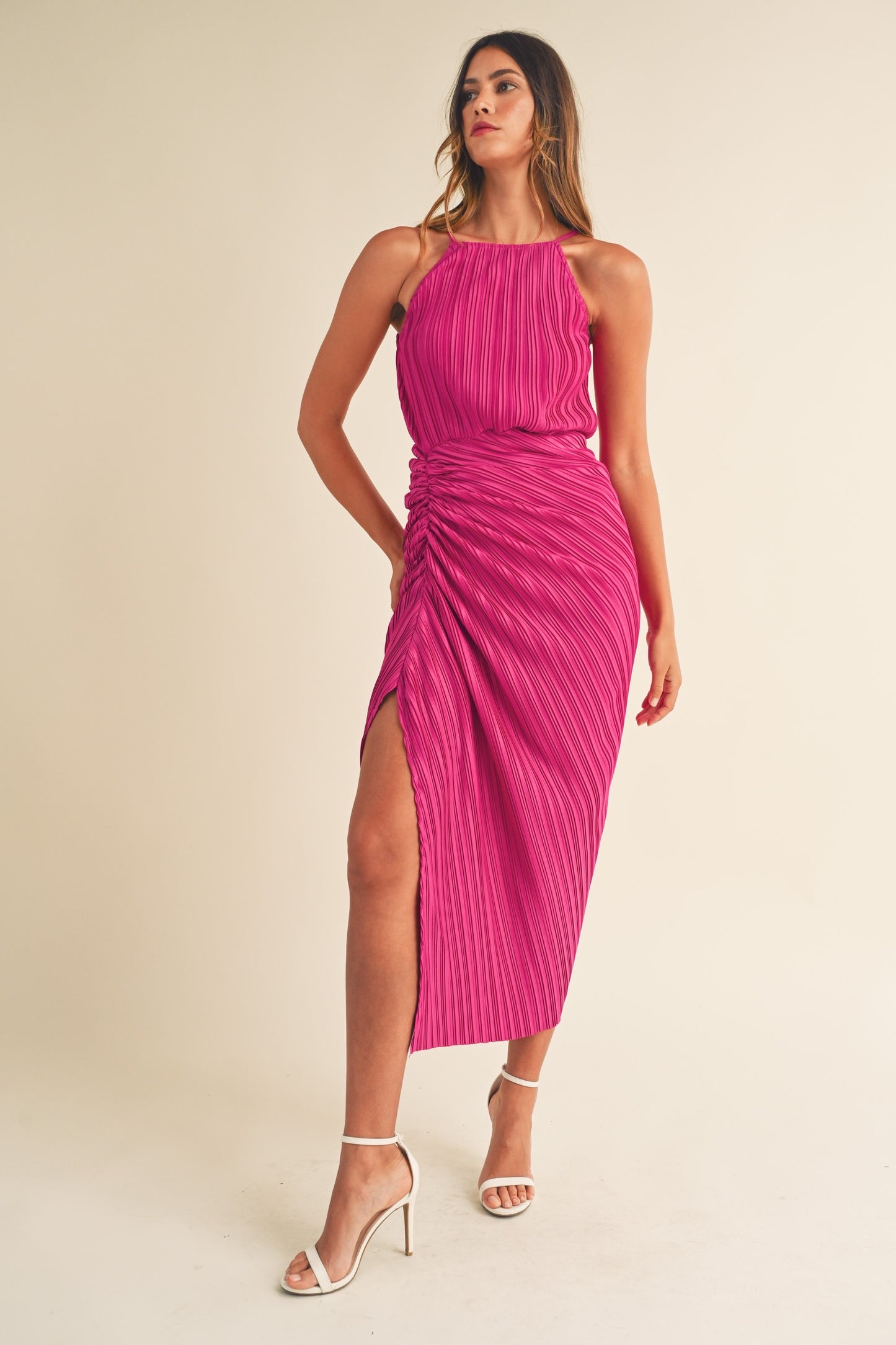 Ruched Pleated Midi Dress with Slit Detail