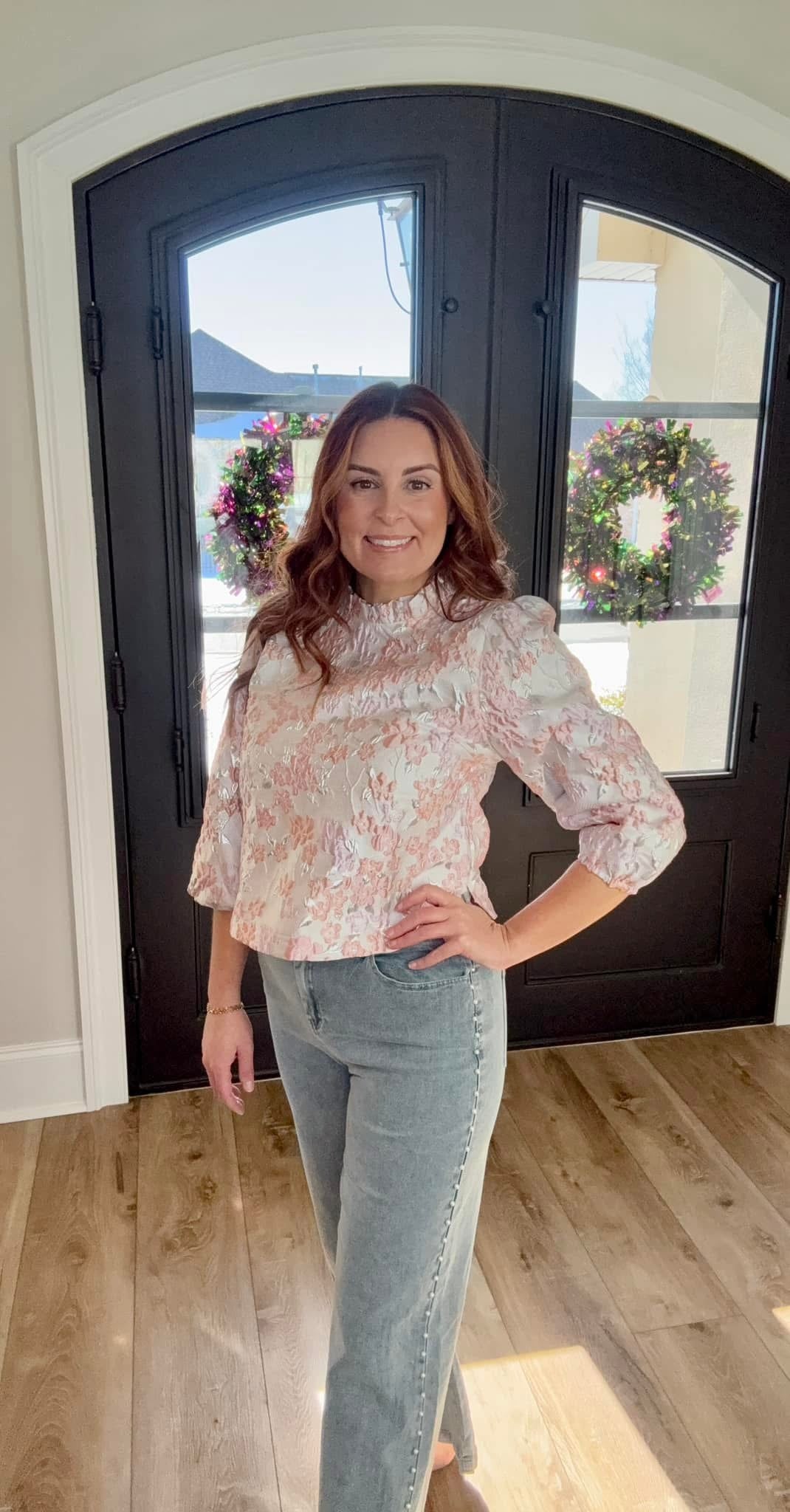 METALLIC FLORAL JACQUARD BUBBLE SLEEVE TOP