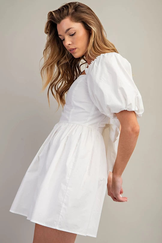 Puff Sleeve Back Bow Mini Dress