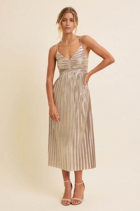 Metallic Champagne Pleated Midi Dress