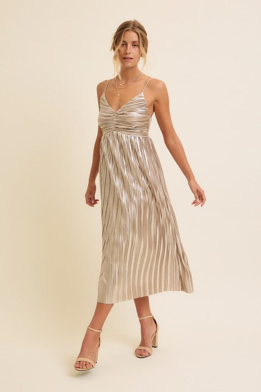 Metallic Champagne Pleated Midi Dress