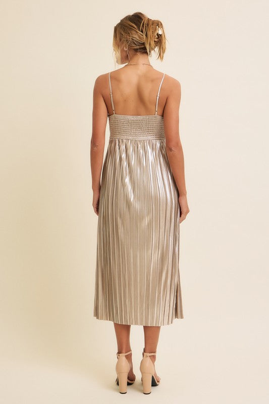 Metallic Champagne Pleated Midi Dress