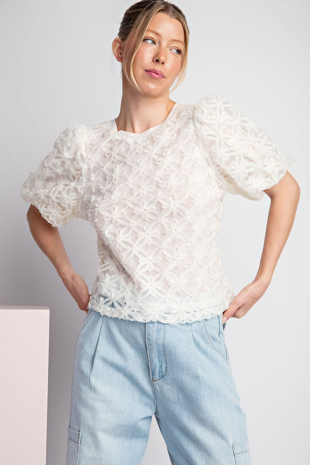 Floral Lace Puff Sleeve Blouse Top