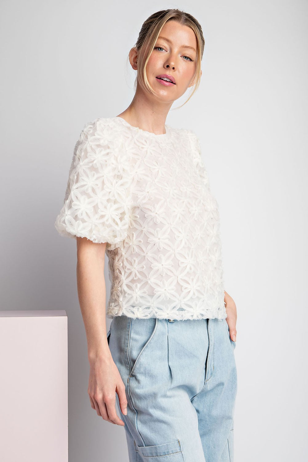 Floral Lace Puff Sleeve Blouse Top