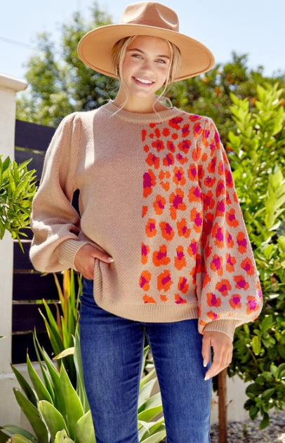 Color Block Leopard Print Pullover