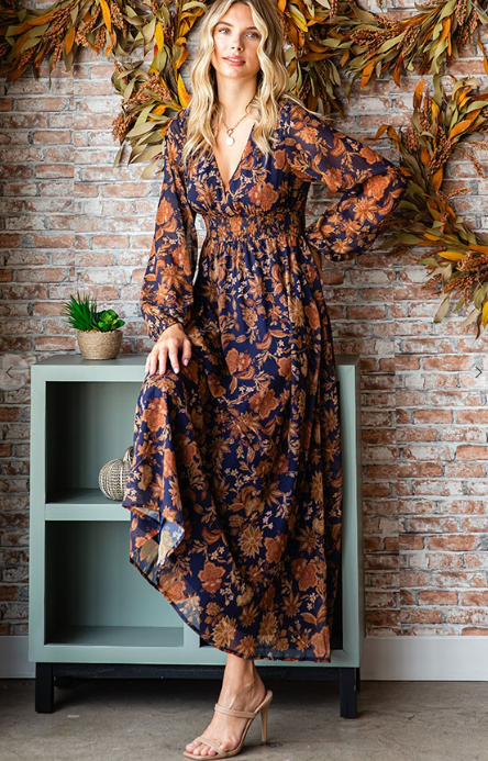 Floral Smocked Waist Lined Maxi Dress