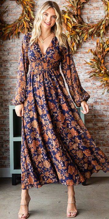 Floral Smocked Waist Lined Maxi Dress