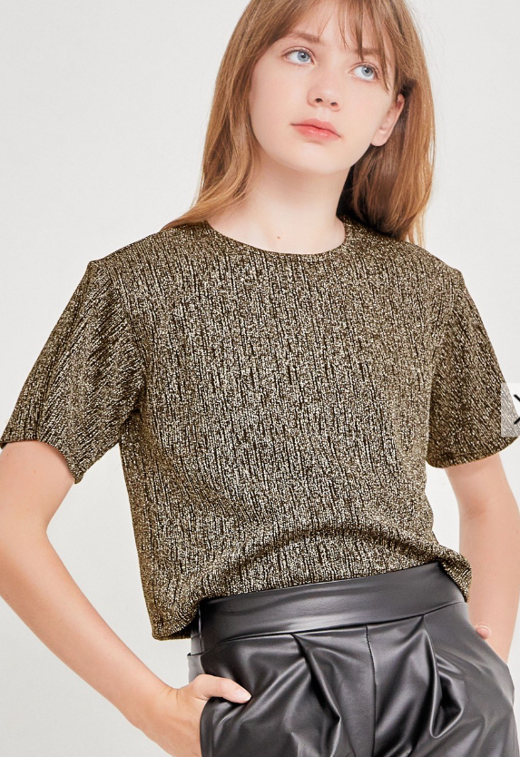 "Tween" Shoulder Pad Glitter Lurex Crop Top