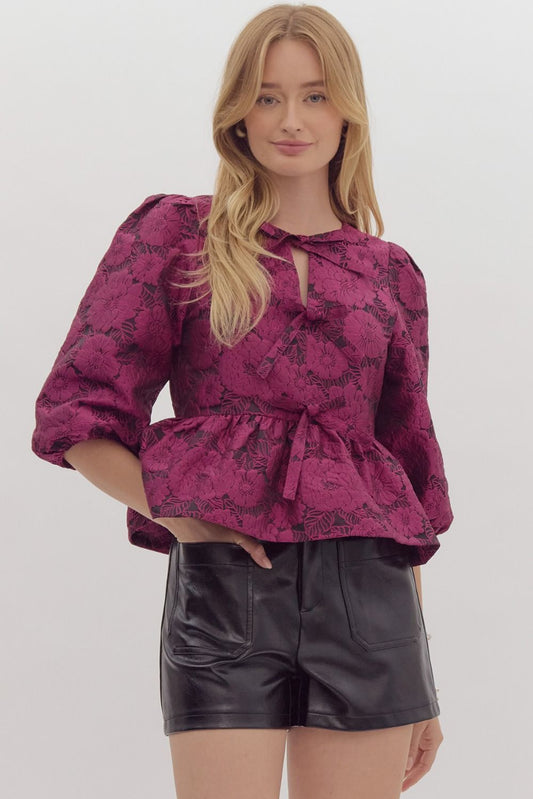 Floral jacquard puff sleeve peplum top