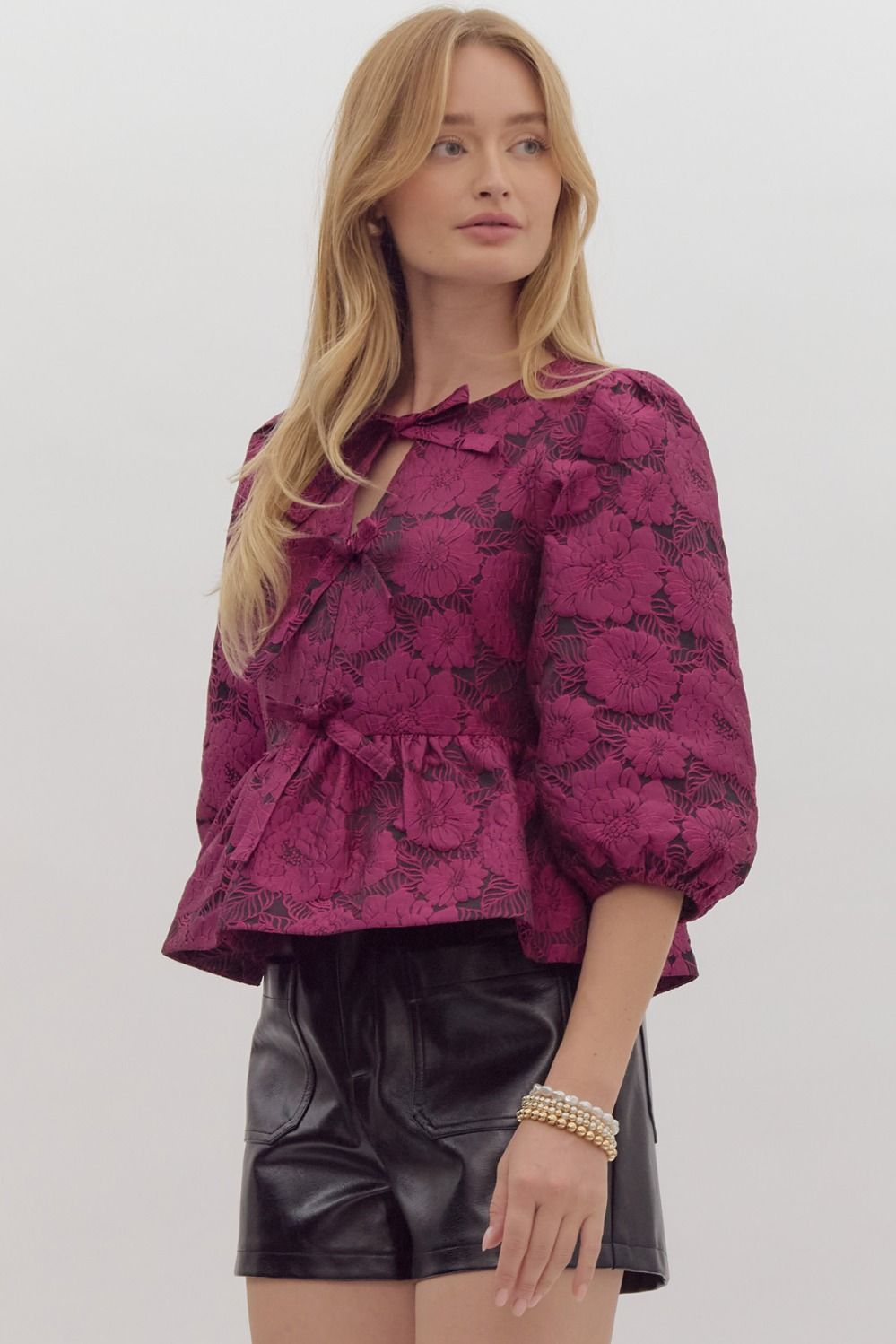 Floral jacquard puff sleeve peplum top