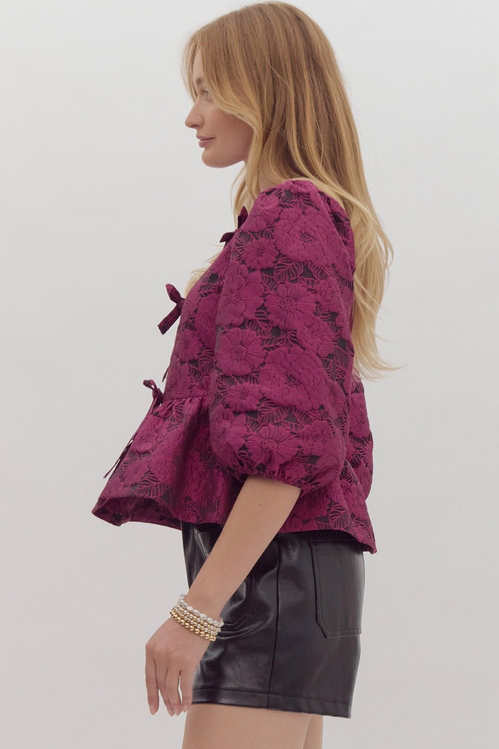 Floral jacquard puff sleeve peplum top